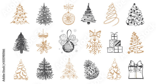 Christmas ball set. Christmas tree set.  Hand drawn illustration.