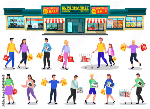 Set of clients of supermarket holding purchased items. Exterior of hypermarket and isolated characters with bags and trolley. Father and daughter, couple and personage with microwave oven vector