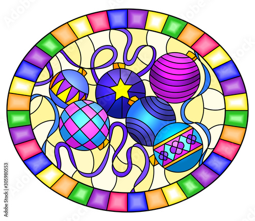 Illustration in stained glass style with still life of new year toys and serpentine, oval image in frame 