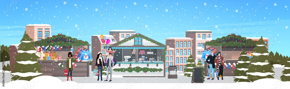 mix race people doing shopping and buying presents on christmas market outdoor fair xmas new year holidays celebration concept full length horizontal vector illustration