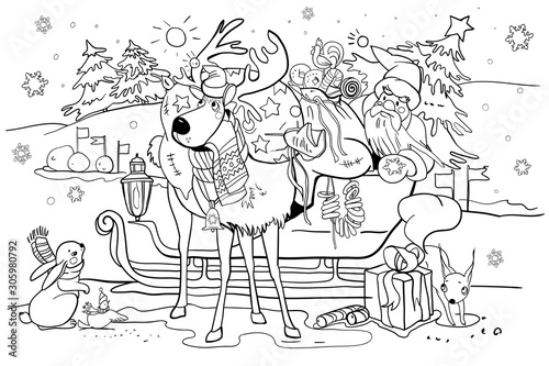 A polar deer with a bag of gifts for children for Christmas, Santa Claus in a sleigh carries a Christmas tree and presents for the holiday, a squirrel, a hare and a sparrow accompany them on the road.
