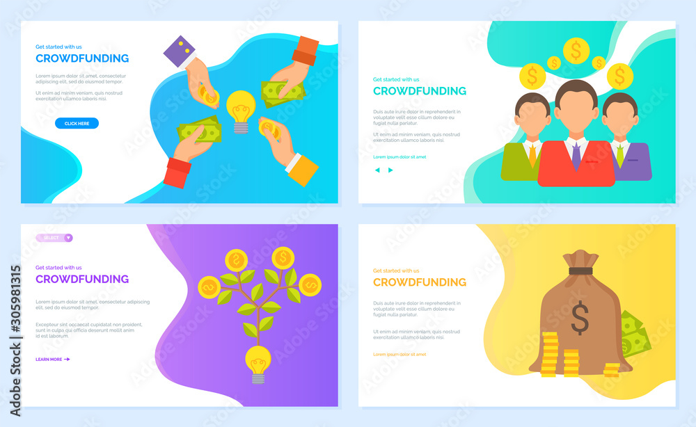 Crowdfunding vector, hands with coins and businessmen with finance assets, profit of people. Money tree growing in pot, bag with banknotes. Website or webpage template, landing page flat style