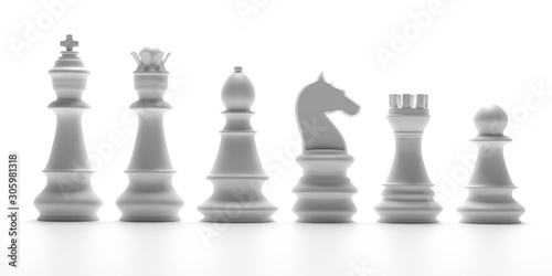 Photos White chess pieces isolated on white background. 3d illustration