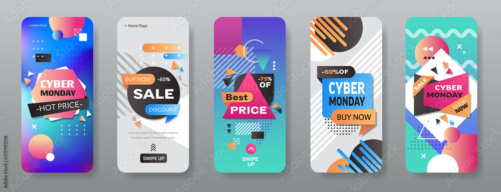 cyber monday big sale stickers set advertisement special offer concept holiday shopping discount smartphone screens collection online mobile app horizontal vector illustration