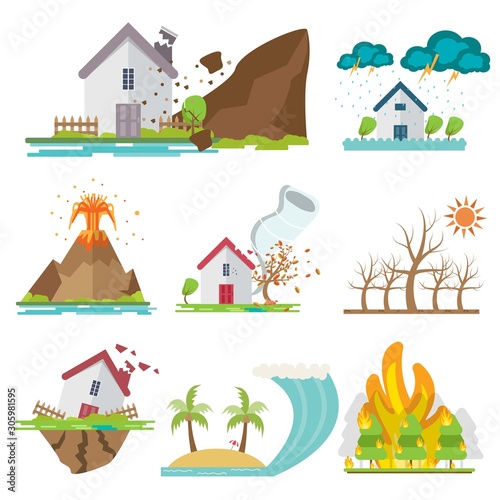 Natural disaster set with landslide, forest fiers, tsunami, flood, earthquake, drought, volcano and rain storm. Vector illustration.