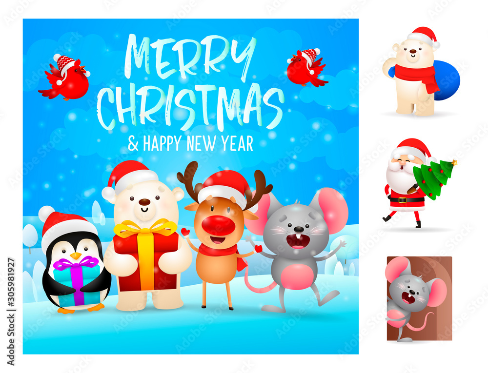 Fototapeta premium Merry Christmas and happy New Year beautiful card. Lettering with decorations can be used for invitation and greeting card. Holiday concept