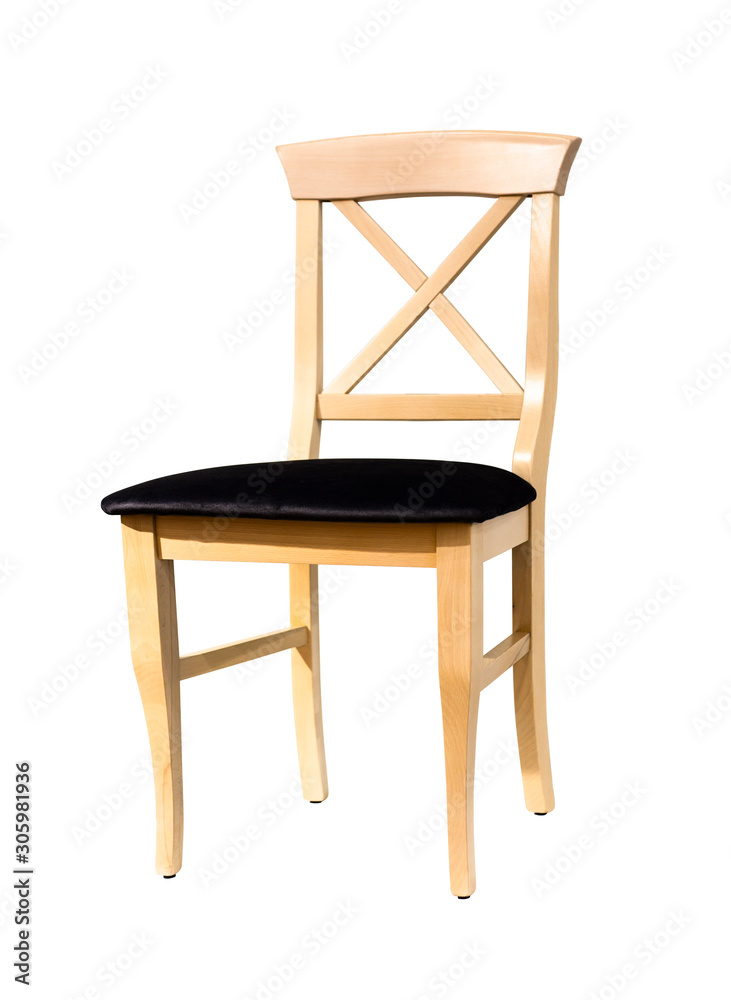 simple classic wooden chair with black textile seat isolated on white simple classic wooden chair with black textile seat isolated on white