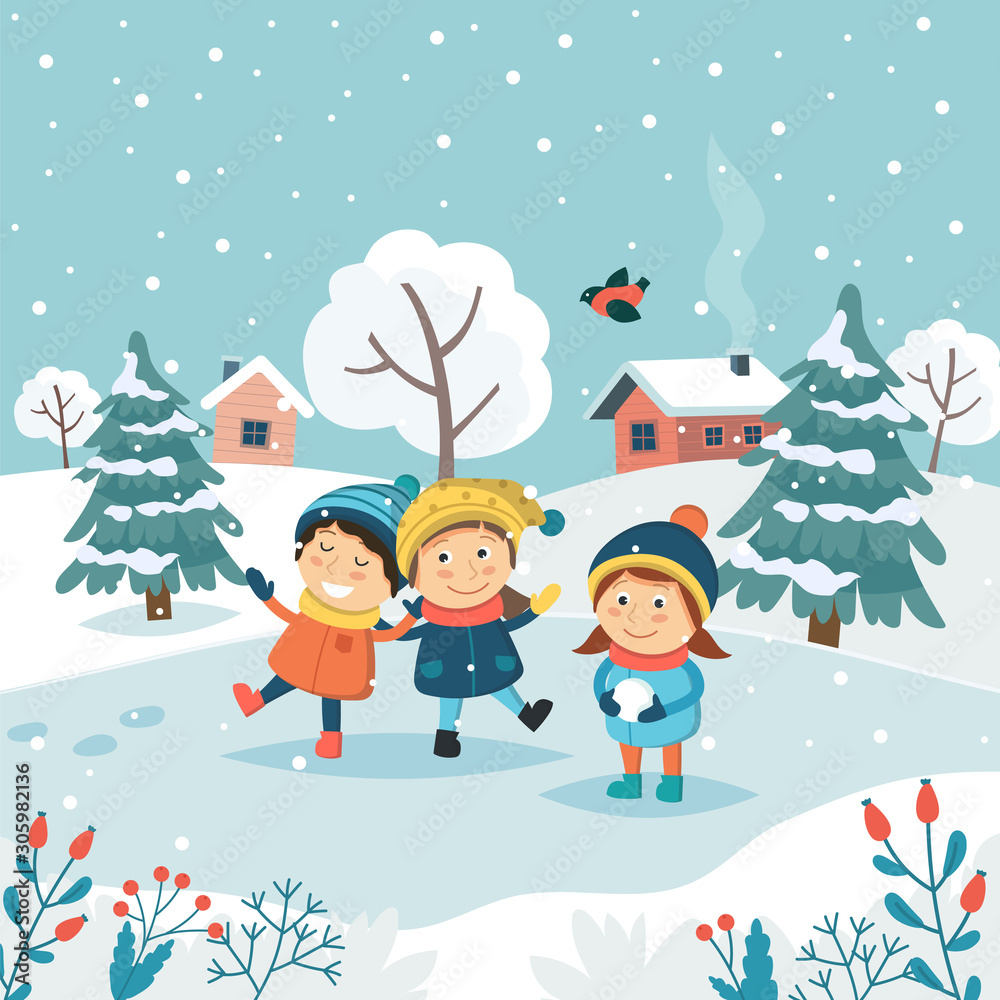 Fototapeta premium Merry christmas greeting card with children playing with snow. Cute vector illustration in flat style