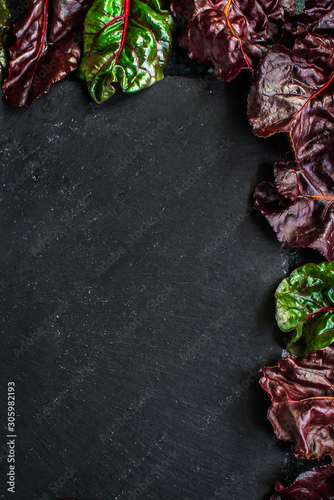 chard, Salad leaves (juicy snack and vitamins red chard) menu concept. food background. top view. copy space