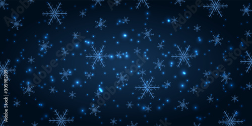 Snowfall on a navy blue background. Winter snowflakes trendy vector background. Shining snow New Year backdrop. Card or banner with flakes scatter. Freezing cold symbols. Vector illustration.