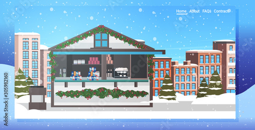 christmas market or holiday outdoor fair merry xmas new year winter holidays celebration concept cityscape snowfall background horizontal vector illustration