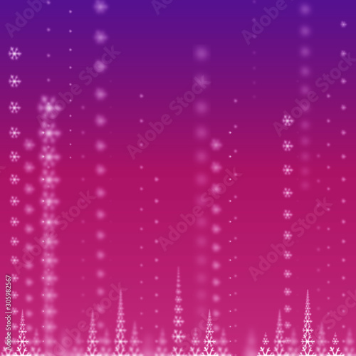New Year magenta gradient sky template with christmass trees and snowflakes