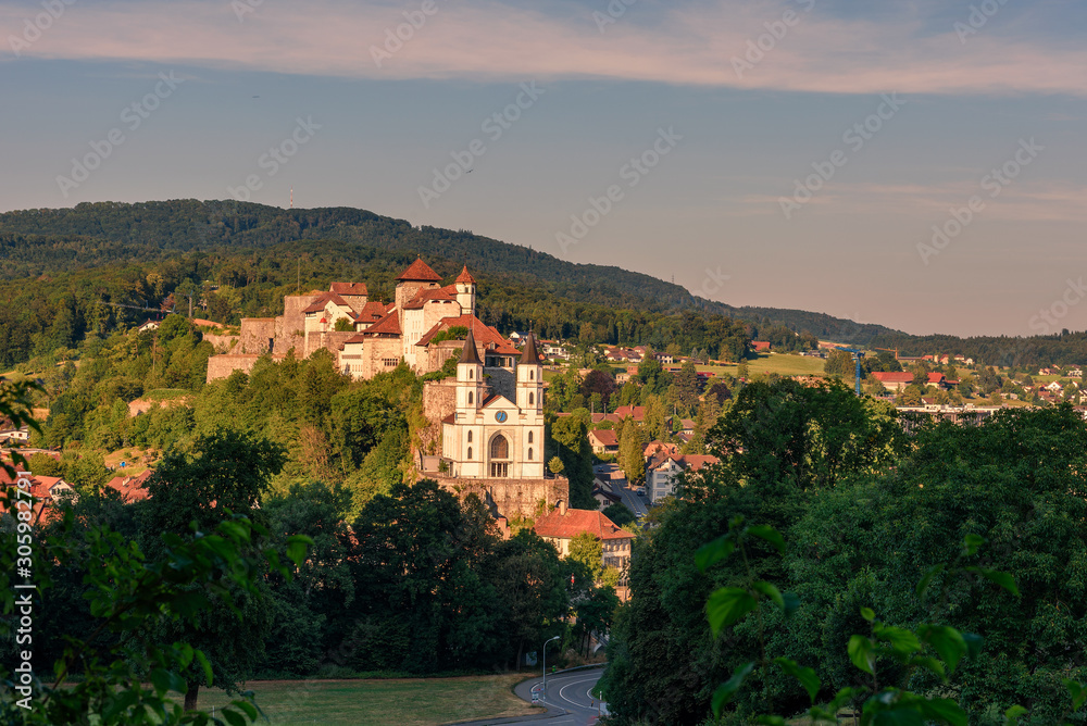Cityscape of Aarburg and the medieval Aarburg Castle in Switzerland