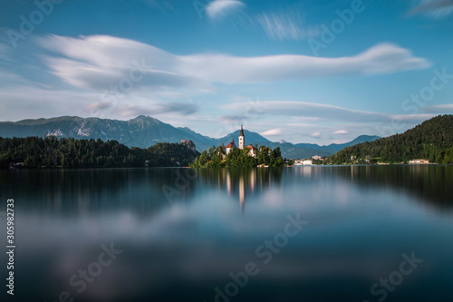 Church in center of mountain lake