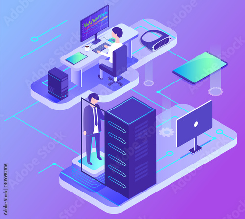 Worker communication with computer, wireless device, data center, element of PC support. Male character with laptop in office. Web service, business technology, 3d view of supercomputer vector