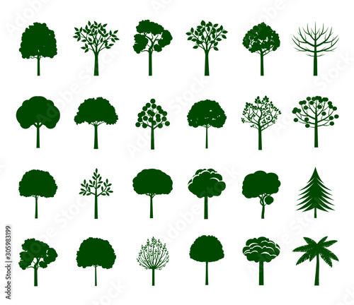Set green Tree Icons. Vector Illustration. Plants in garden.