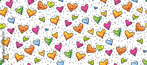 Hand-drawn seamless birthday or valentine pattern with cute little hearts for greeting cards, wrapping paper