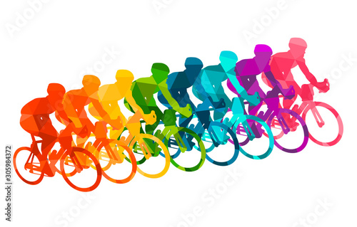 Colorful poster with cyclists riding bicycles. Cycling poses in bright silhouettes. Bicycle road racers. Competition and marathon. Adventure and travel outdoor on bicycle. Bike courier, vector sport