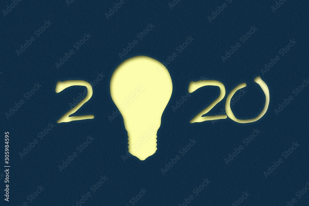 2020. New Year background with numbers and a light bulb on a dark blue background. New Year Ideas Concept. Business. Creation. I 2020. New Year background with numbers and a light bulb on a dark blue background. New Year Ideas Concept. Business. Creation. I