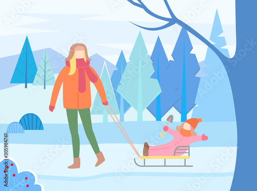 Mom and child in winter park, female pulling kiddo sitting on sleds. Happy kid wearing warm clothes. Mommy and daughter in forest with pine trees and bushes with snowy tops. Vector in flat style © robu_s