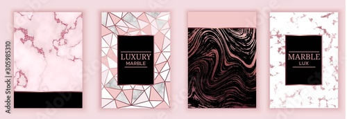 Marble rose background set in trendy minimalist style with stone, foil, glitter, metallic textures, template for poster, invitation, wallpaper, package, luxury gift
