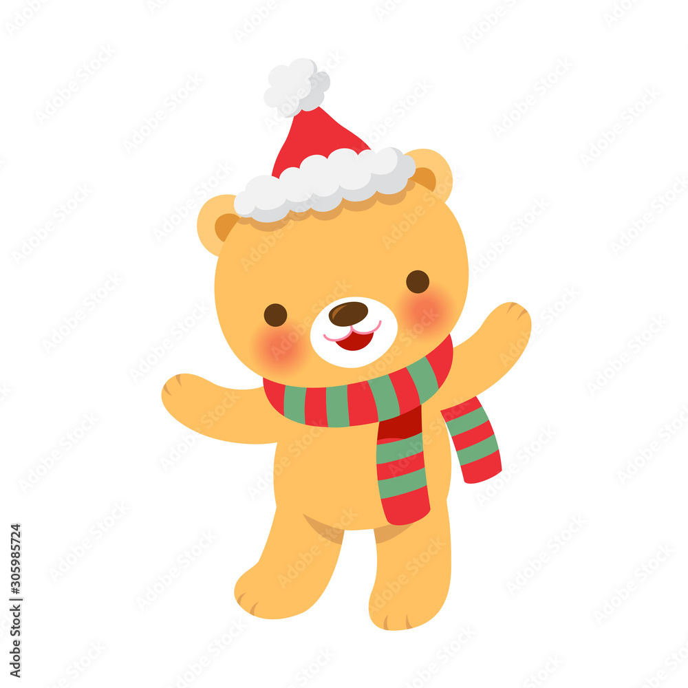 Obraz premium Cute little bear wearing Santa hat.