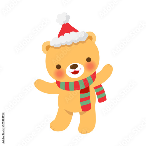 Cute little bear wearing Santa hat.