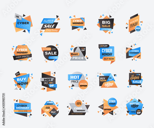 set cyber monday big sale stickers collection advertisement special offer concept holiday online shopping discount banners vector illustration