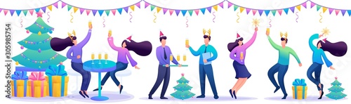 Concept of corporate celebration, young employees of the company have fun, dance, drink champagne