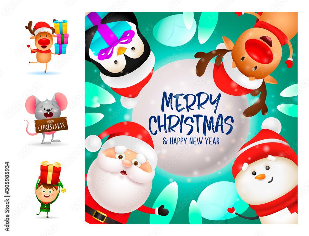Fototapeta premium Merry Christmas card with smiling cartoon characters. Lettering with decorations can be used for invitation and greeting card. Holiday concept