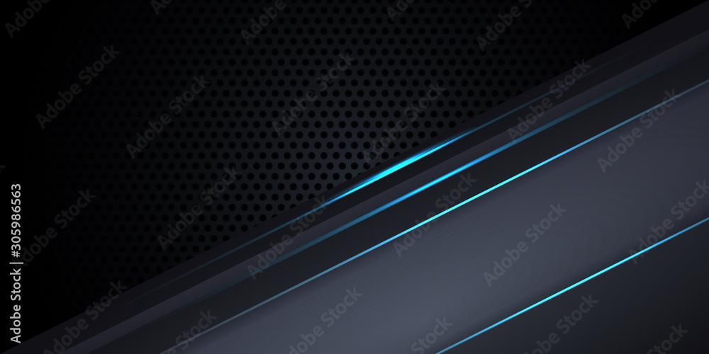 Carbon fiber dark gray background with blue luminous lines and highlights. Modern futuristic luxury technology background. Vector illustration EPS10.