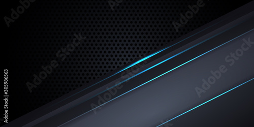Carbon fiber dark gray background with blue luminous lines and highlights. Modern futuristic luxury technology background. Vector illustration EPS10.