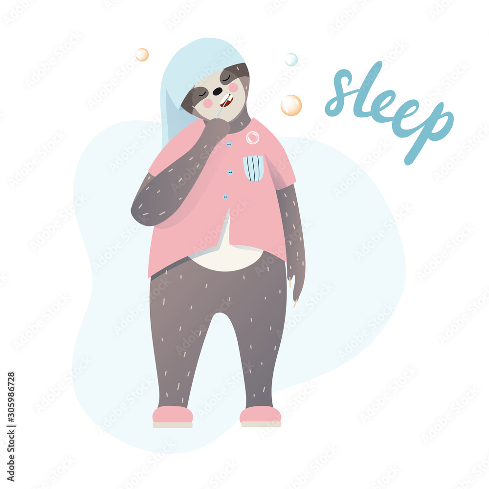 Obraz premium Сute lazy sloth in cozy pajamas brushing his teeth before going to bed. Sloth sleepyhead in sleepwear. Good night wishing. Cartoon style, vector illustration. 