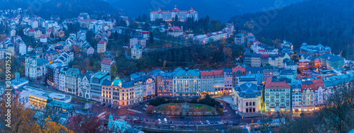 View to Karlovy Vary city from above at sunset 