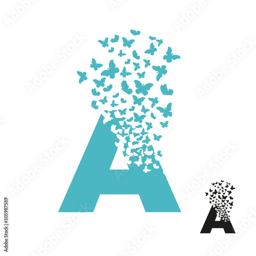 letter A with effect of destruction. Dispersion. Butterfly, moth