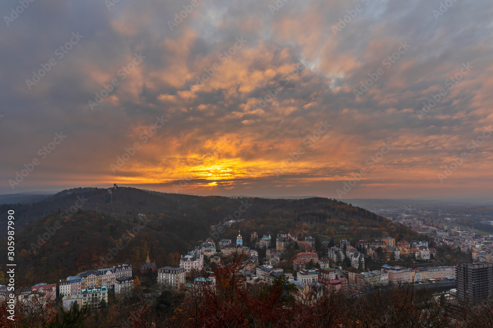 View to Karlovy Vary city from above at sunset 