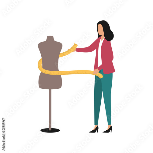 A female designer with a centimeter measures the size of a mannequin for sewing clothes. Individual tailor, fashion designer, seamstress, atelier worker. Flat vector illustration isolated on white bac