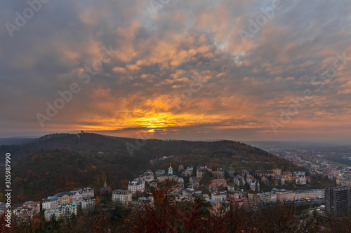 View to Karlovy Vary city from above at sunset 