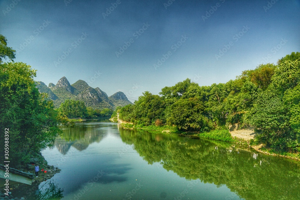 The view of karst landscape in the village of  Lijiang  in Guilin, China.