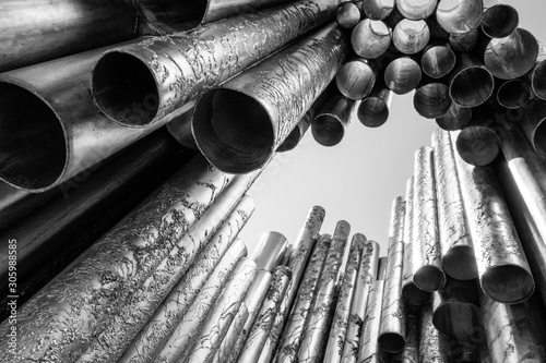 Monument to Sibelius in Helsinki Finland with pipes or tubes in black and white photo