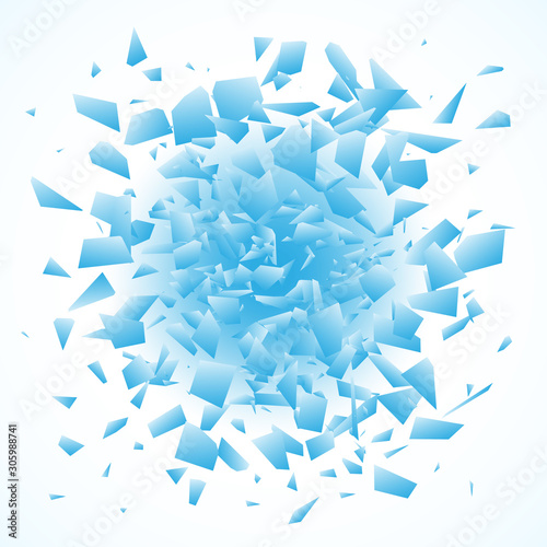 Abstract background with explosion effect. Dynamic flying fragments of broken glass shards. Vector illustration.