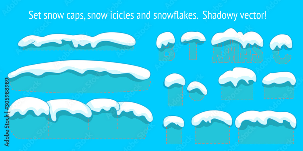 Snow caps collection, snow icicles, snowflakes. on text, font, home. oval, square, convex  silhouette back.  isolated. Smooth shadowy cartoon editable elements on winter. Clean Blue background. Vector