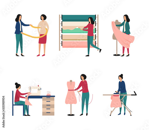 Seth fashion atelier. Work of a seamstress, designer, choice of fabric, sewing machine, ironing, customer measurement in a clothing workshop. Flat vector illustration isolated on white background.