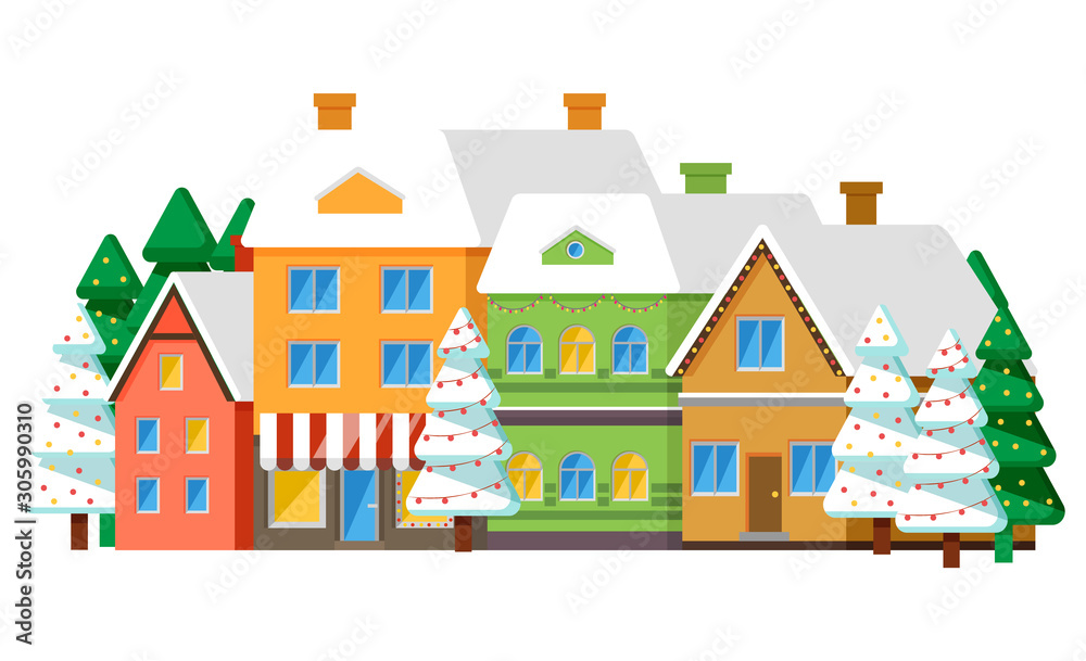 Winter street with houses placed in row, isolated set of homes with lights in window. Roofs of buildings covered with snow. Estate of citizens with pine tree growing by chalet. Vector in flat style