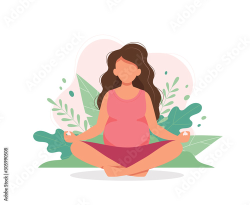 Pregnant woman doing yoga with nature background. Cute vector illustration in flat style