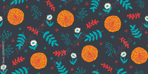 Intense teal and orange sophisticated artistic luxury floral seamless repeat vector pattern swatch. Romantic painterly gouache design for wedding invitations, anniversary, or surface pattern
