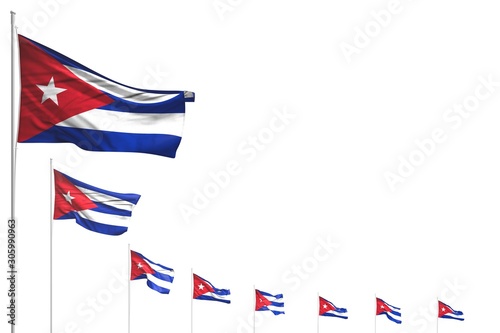 beautiful many Cuba flags placed diagonal isolated on white with place for your content - any feast flag 3d illustration..