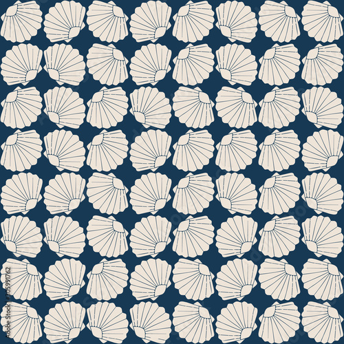 Repeat vector pattern with clams. Under the sea wallpaper design. Simple animal shell on blue background.