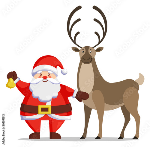 Arctic postcard Santa standing with bell near deer character on white. Winter holiday card with Claus in traditional red clothes and hat near reindeer. Xmas festive poster animal with antlers vector