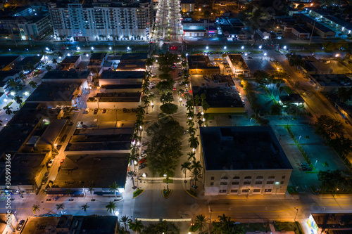 Fototapeta Naklejka Na Ścianę i Meble -  Aerial night photo holiday lights on Hollywood Boulevard Florida